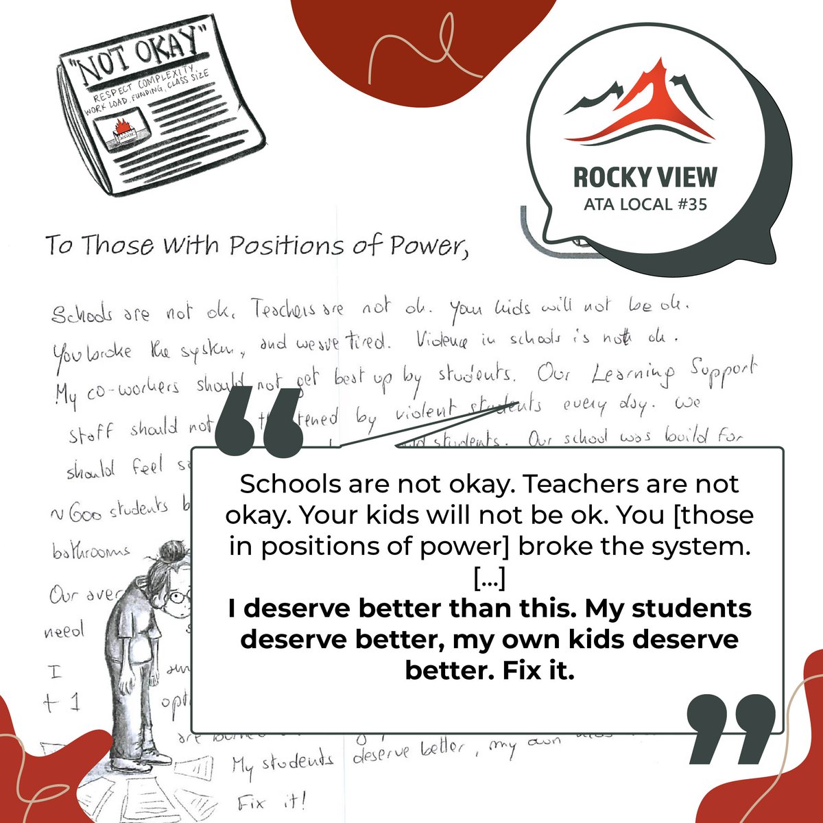 Public education is NOT OKAY.

We ask you to reflect, recognize the emotional toll, and take a stand for the future of public education.
📢 Share our messages.

📚 Get informed.

✊ Advocate fiercely.

Support public education. Support our future.
#Red4EdAB #AlbertaTeachers