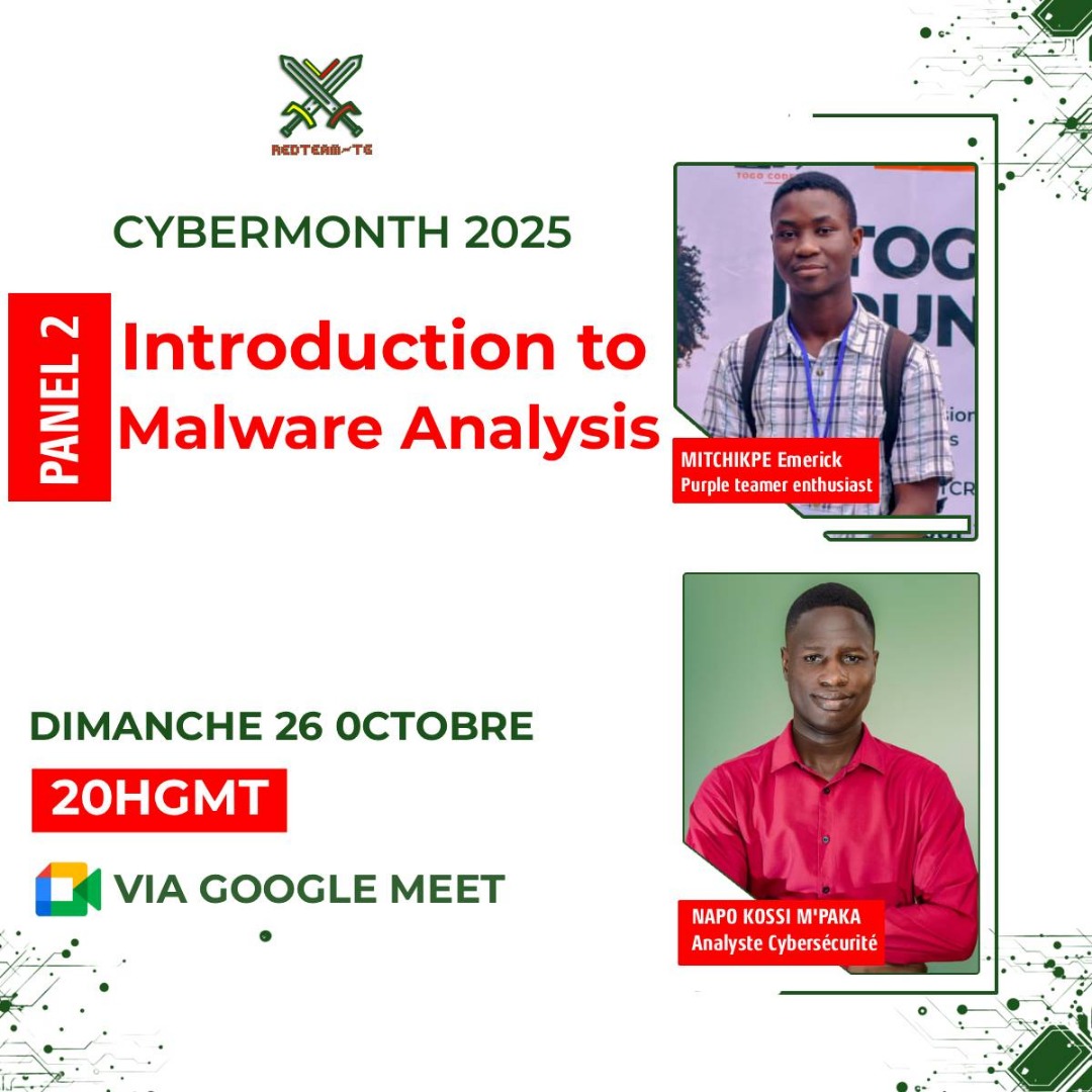 DÉCOUVREZ LES SECRETS DES MALWARES 

Panel 2 : INTRODUCTION TO #MALWARE #ANALYSIS

RedTeam-TG vous invite à son prochain panel en ligne dans le cadre du #CyberMonth2025.

Date : Dimanche 26 octobre, à 20H GMT
Lieu : En ligne (sur Google Meet)

#CybersécuritéTogo #SecNum #TogoTech
