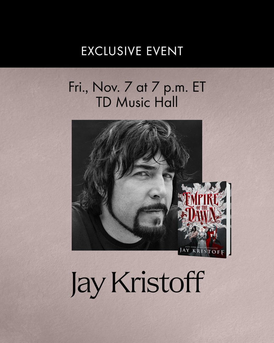 Friday, November 7th at TD Music Hall, meet Jay Kristoff, the bestselling #author of Empire of the Vampire and his new release #EmpireoftheDawn.

➡️ For tickets see: indigo.ca/events.

#JayKristoff #EmpireoftheVampire #AugustinEmpire #fantasy #booktwitter #booksigning
