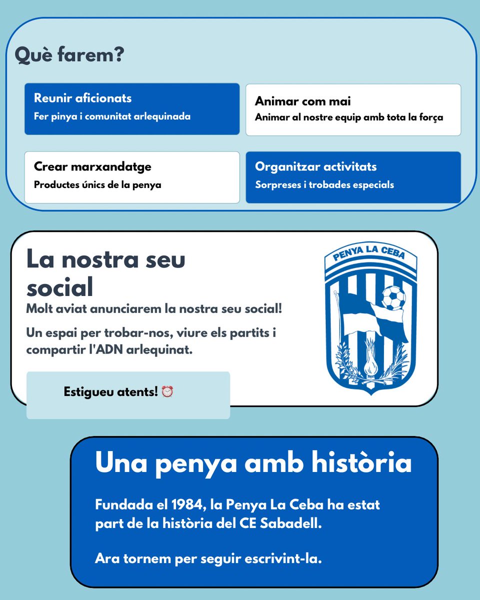 🧅 Coneixes la Penya La Ceba?

Som història, som passió, som Sabadell, som La Ceba 💙🤍🧅

👉 Descobreix qui som, on serem i tot el que estem preparant.
Des del 1984, orgullosos de ser La Ceba 🧅

#SomLaCeba #TornaLaCeba #CESabadell #OrgullArlequinat