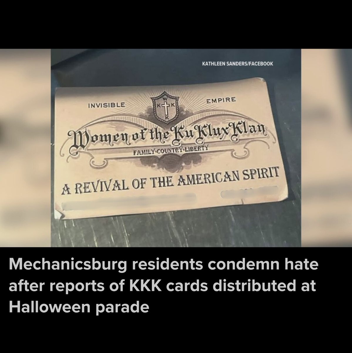 "Some parents have reported that kids received pamphlets advertising the Women of the Ku Klux Klan organization during the parade."

"Members of the Mechanicsburg Borough Council and Mayor Jack Ritter issued a joint statement in response on Tuesday to the 'reported distribution