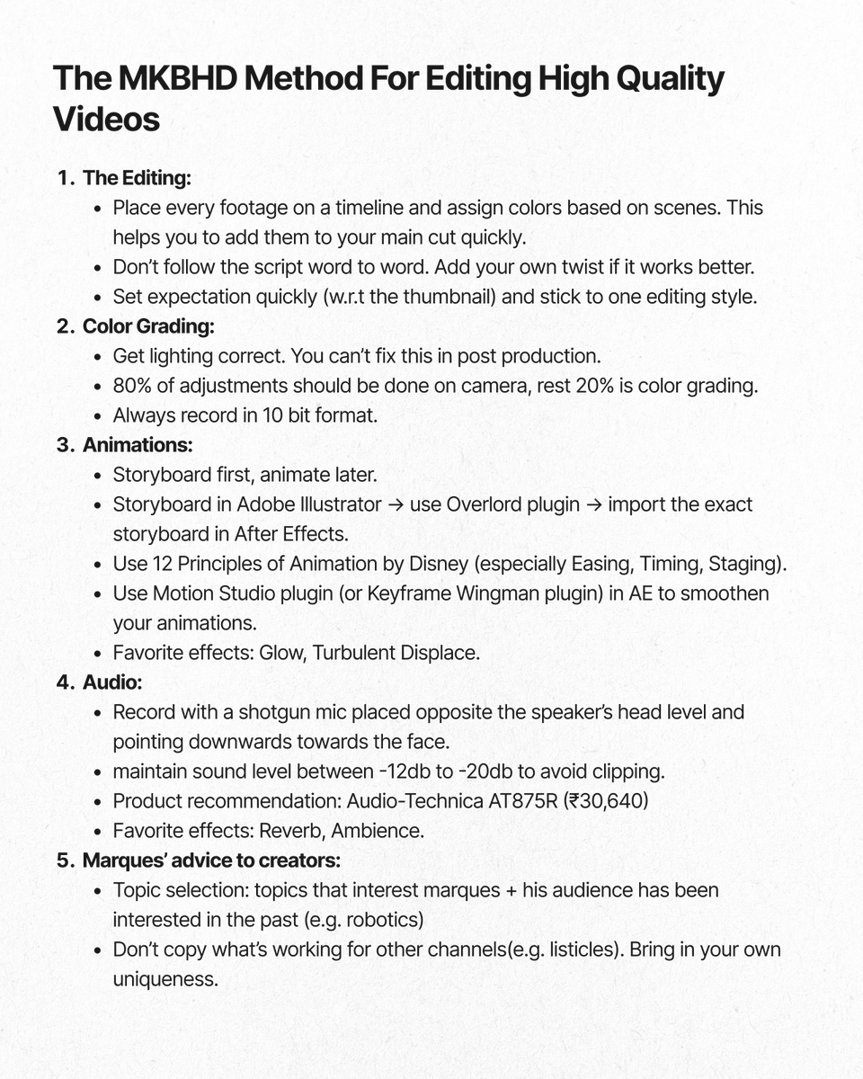 PrathameshAmble's tweet photo. One of the biggest YouTubers (@MKBHD - 20M subscribers) just revealed his entire editing process.

I made notes that you can use in your next video 👇🏼 https://t.co/pxSSHeM9FG