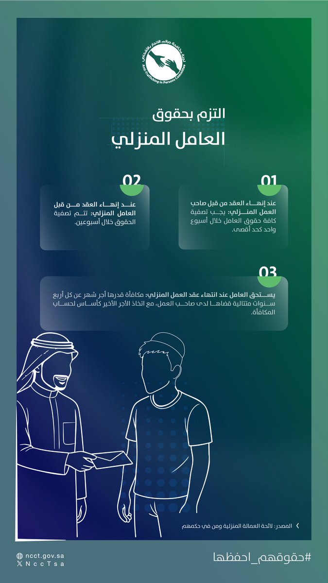 حقوق ومكافآت العامل المنزلي عند انتهاء عقده واجبة على صاحب العمل، وذلك وفقًا لما نصّت عليه لائحة العمالة المنزلية ومن في حكمهم.
#حقوقهم_احفظها