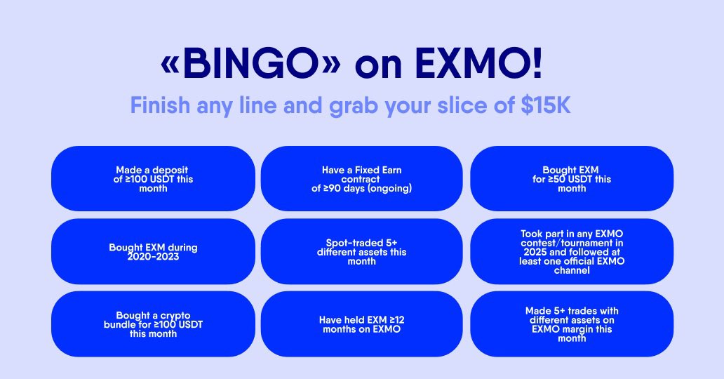 🧩 Reminder: EXMO Bingo is still on!

You’ve got until Oct 31 to close your 3×3 row and grab your share of the $15,000 prize pool.

Don’t sleep on this — the clock’s ticking ⏰
Play. Close. Earn.
🔗 exmo.com/blog/en/contes…