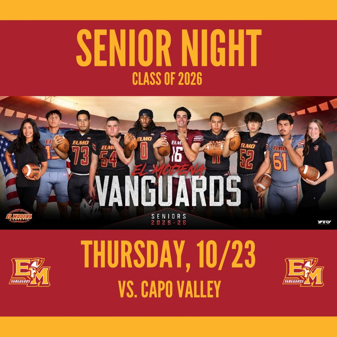 elmodenafb's tweet image. Senior Night!
Join us tomorrow for our senior night game vs. Capo Valley! @ElModenaHS @emfb_mitchell @EMHSFrontline