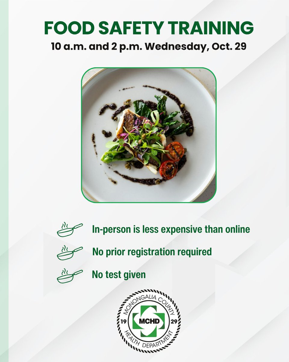 MCHD's next food safety training will take place at 10 a.m. and 2 p.m. Wednesday, Oct. 29, in the health department's conference room.
Training in person is less expensive and no prior registration is required!
monchd.org/services/food-…