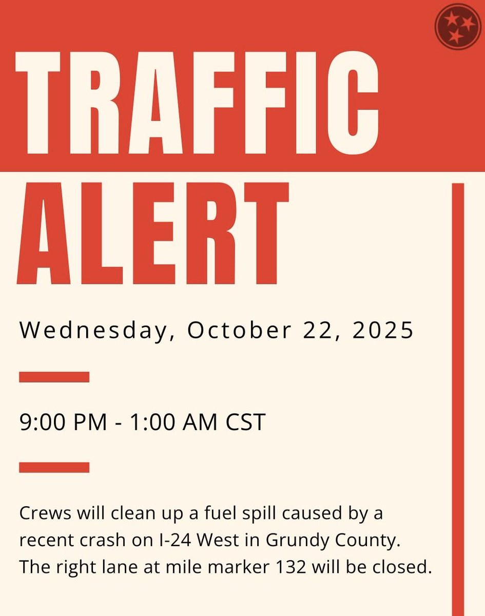 Rae Anne Bradley (@raeannetdot) on Twitter photo GRUNDY COUNTY:
Tonight, crews will clean up a fuel spill caused by a recent crash on I-24 West. The right lane at mile marker 132 will be closed from 9 PM to 1 AM CST. Plan accordingly. GRUNDY COUNTY:
Tonight, crews will clean up a fuel spill caused by a recent crash on I-24 West. The right lane at mile marker 132 will be closed from 9 PM to 1 AM CST. Plan accordingly.