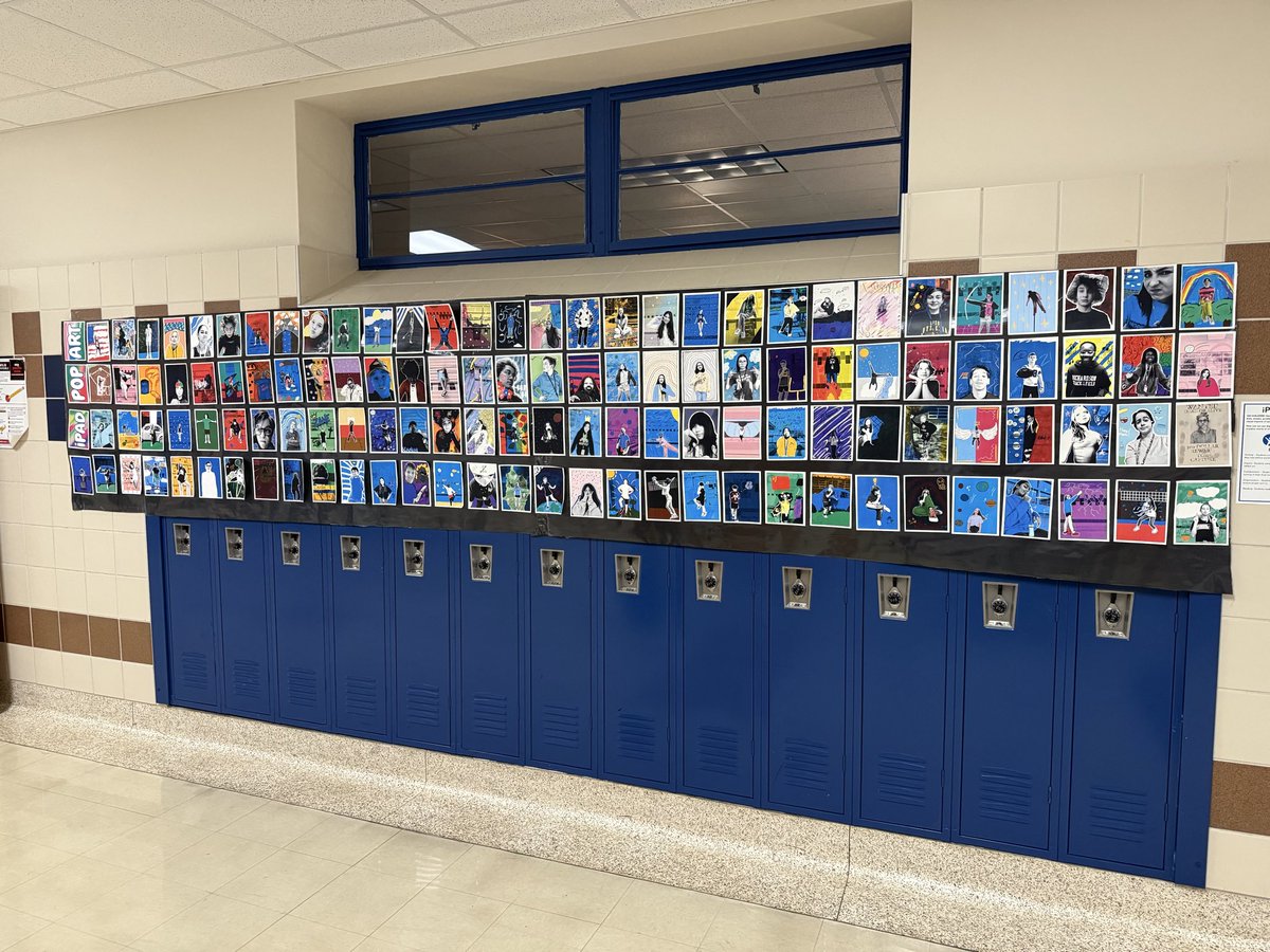 RISDiTeam's tweet image. 👀 Check out this Pop Art wall by the Comm Arts students at @rwestjh! Students took a photo and followed the steps from the @AppleEdu #EveryoneCanCreate Pop Art activity.  Love the student creativity and personalities shining through! @HMBTeaches #RISDDreamBig