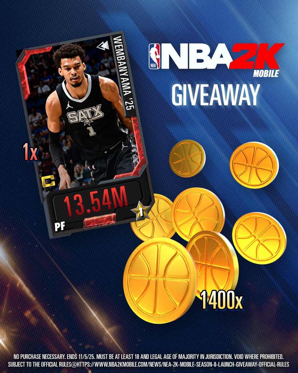 NBA2KMobile's tweet image. 🏀 WEMBY. SEASON 8. NBA at 80.
We're celebrating BIG with 80 winners!
How to enter:
✅ Follow @NBA2KMobile
🔁 Retweet this post
💬 Reply with #NBA2KMS8Giveaway & tag 2 friends
This is your shot. Don't miss it!
bit.ly/2KMS8Rules