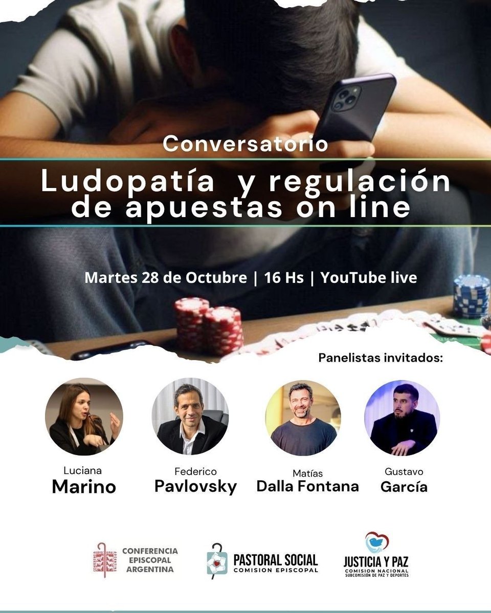 Conversatorio "La sociedad en juego: apuestas on line y responsabilidad pública”
▪️ Organiza Comisión Episcopal de Pastoral Social
▪️ Martes 28 octubre - 16 horas
#ApostarNoEsUnJuego
▪️ Transmisión por youtube.com/conferenciaepi…
👇
Más información aquí
pastoralsocial.org.ar/2025/10/21/apu…