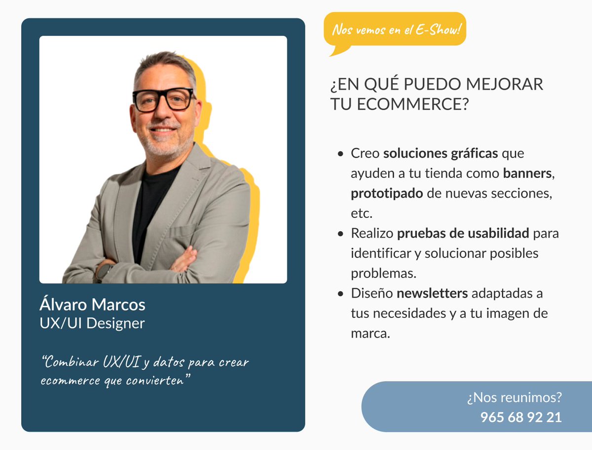 soypuntoes's tweet image. Álvaro Marcos, UX/UI Designer, se encarga de que tu tienda CONVIERTA:

✅ Diseño de prototipos y banners.
✅ Pruebas de usabilidad 
✅ Newsletters 

📍 ¡Nos vemos en el #Eshow! ¡Agenda tu reunión!
📲 965 68 92 21

#UXUIDesigner #ecommerce #Eshow2025 #Usabilidad #CRO