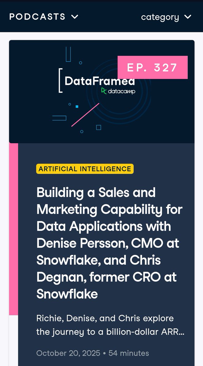 pamelavimbaishe's tweet image. Day 22 of #50DaysOfDataScience! Today to just learn differently from how I normally do so that I keep my journey interesting I listened to the latest episode of DataFramed(a podcast on @DataCamp). I learnt so much from this, I am happy I discovered it.
#LearningInPublic