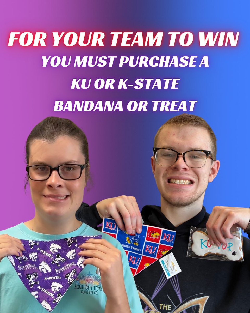The Sunflower Showdown is THIS Saturday! 🌻🏈

Every purchase that includes a KU or K-State item counts toward your team's score! So if you spend $100 and include a KU treat, KU gets 100 points! Let's see who wins the showdown!

Shop in store or online!
PawsKC.org