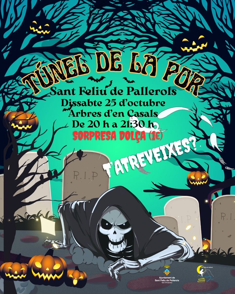 🎃 Torna el Túnel de la Por! 👻
Aquest dissabte
🗓️25 d’octubre,
als📍Arbres d’en Casals de #SantFeliuDePallerols.
Vine a viure una experiència esgarrifosa de ⏰20 h a 21:30 h.
Per només 1 € podràs gaudir d’una sorpresa dolça… si aconsegueixes sortir-ne! 😈
T’hi atreveixes? 🕷️🕸️