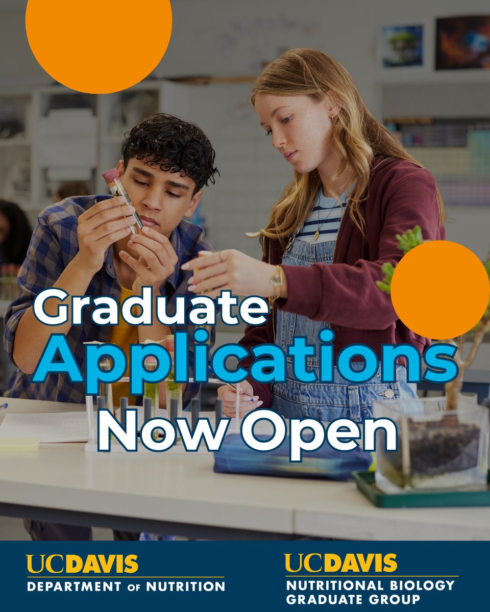 ucdnutrition's tweet image. 🚨Applications now open!🚨 Join @UCDavis Graduate Group in Nutritional Biology.
Research areas: Maternal &amp;amp; child nutrition, Nutrient metabolism, Community &amp;amp; global nutrition and Gut microbiome …and more!
🔗 nutrition.ucdavis.edu/academics/grad…
 #UCDavis #NutritionResearch #GraduateProgram