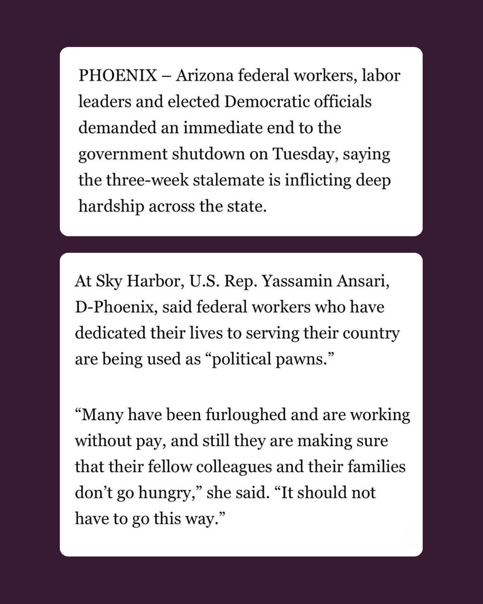 RepYassAnsari's tweet image. Week 4 of the Trump-Republican shutdown. Trump & @SpeakerJohnson are betraying 34,460 federal workers in Arizona who are furloughed or working without pay — & more than 300,000 Arizonans impacted by their healthcare crisis. 
I’m proud to stand with @AFGEnational & fight for…