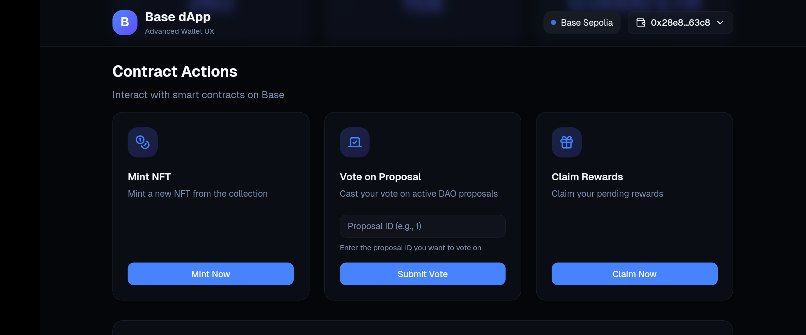 AbdurhamanNur's tweet image. 🚀 Day 5 Project Complete!
Just shipped my advanced dApp on #BaseBatch! Built a full-stack application with enhanced wallet UX, allowing users to mint NFTs, vote on proposals, and claim rewards. Live on Base Sepolia: 0x2b58...63e8 @_SDAV @dev3pack @Sethu_Raman_O @the_web3compass