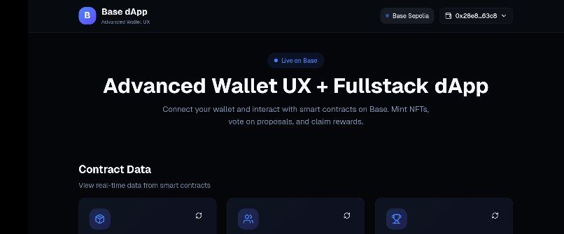 AbdurhamanNur's tweet image. 🚀 Day 5 Project Complete!
Just shipped my advanced dApp on #BaseBatch! Built a full-stack application with enhanced wallet UX, allowing users to mint NFTs, vote on proposals, and claim rewards. Live on Base Sepolia: 0x2b58...63e8 @_SDAV @dev3pack @Sethu_Raman_O @the_web3compass