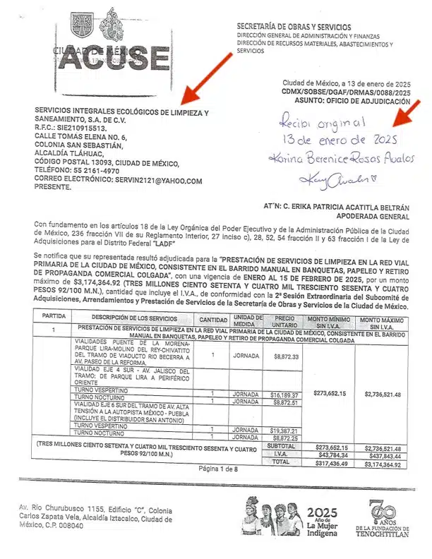 Dos empresas de limpieza con la misma representante legal recibieron contratos por adjudicación directa el mismo día de la Secretaría de Obras y Servicios de CDMX. En dos meses, ambas facturaron 42.1 millones de pesos al gobierno de <a href="/ClaraBrugadaM/">Clara Brugada Molina</a> . 📄 #Contrataciones

Lee la