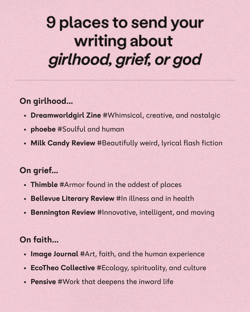 chillsubs's tweet image. I think that covers all our bases. Probably.

Submit here: chillsubs.com/lists/girlhood… 

Featured in this list:
@PhoebeJournal
@moonrabbitcandy
@thimblelitmag
@BLReview
@BennReview
@Image_Journal
@ecotheo

#writing #writingcommunity