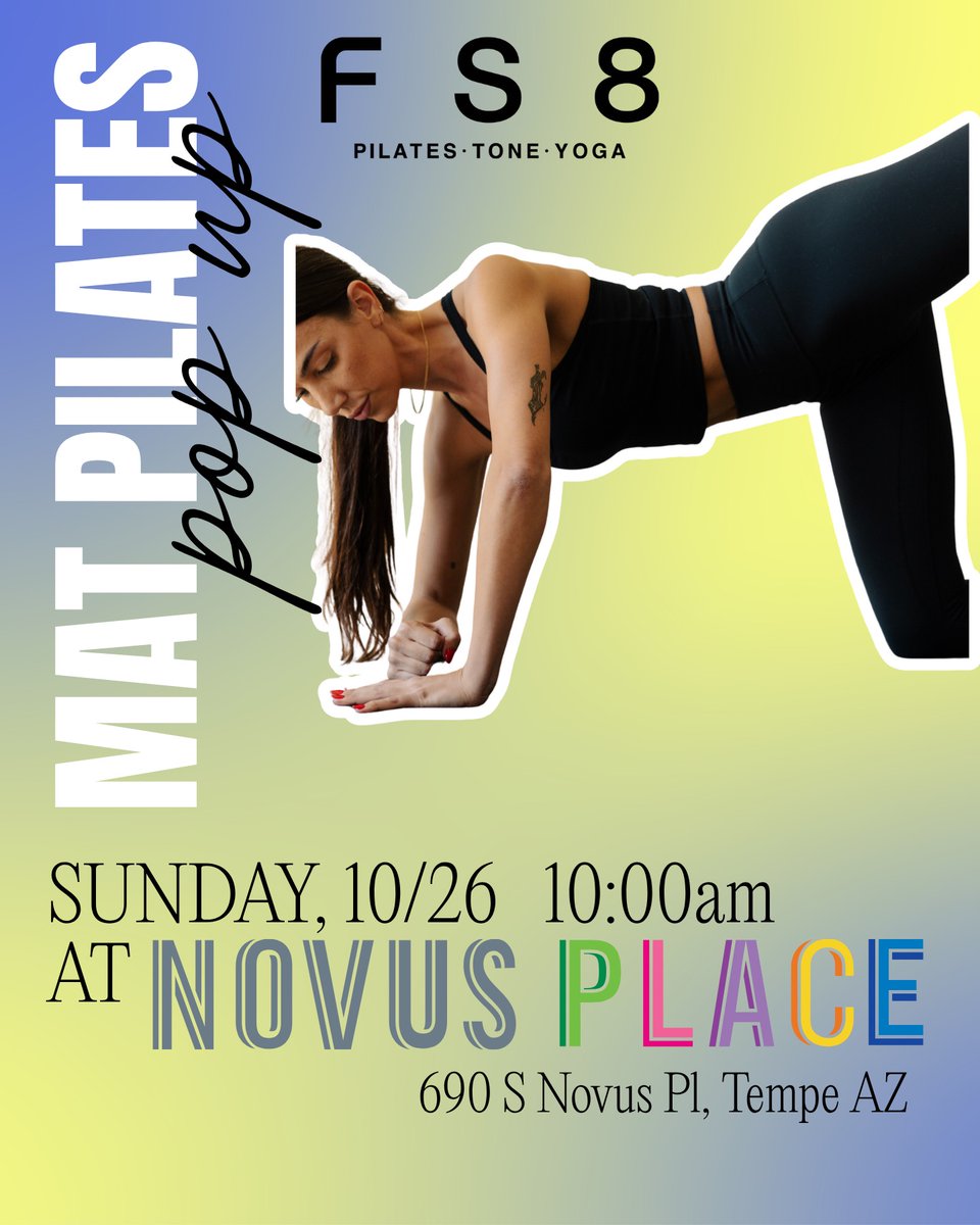 NovusASU's tweet image. 🧘‍♀️ Move, stretch &amp;amp; sweat with FS8 Pilates!
Join the Mat Pilates Pop-Up at Novus Place Park this Sun 10/26 at 10AM.
Bring your mat, water &amp;amp; friends — plus enjoy treats + special offers!
👉 Sign up: [bit.ly/47lVx2g]
#NovusPlace #TempeEvents #FS8Pilates #MatPilates