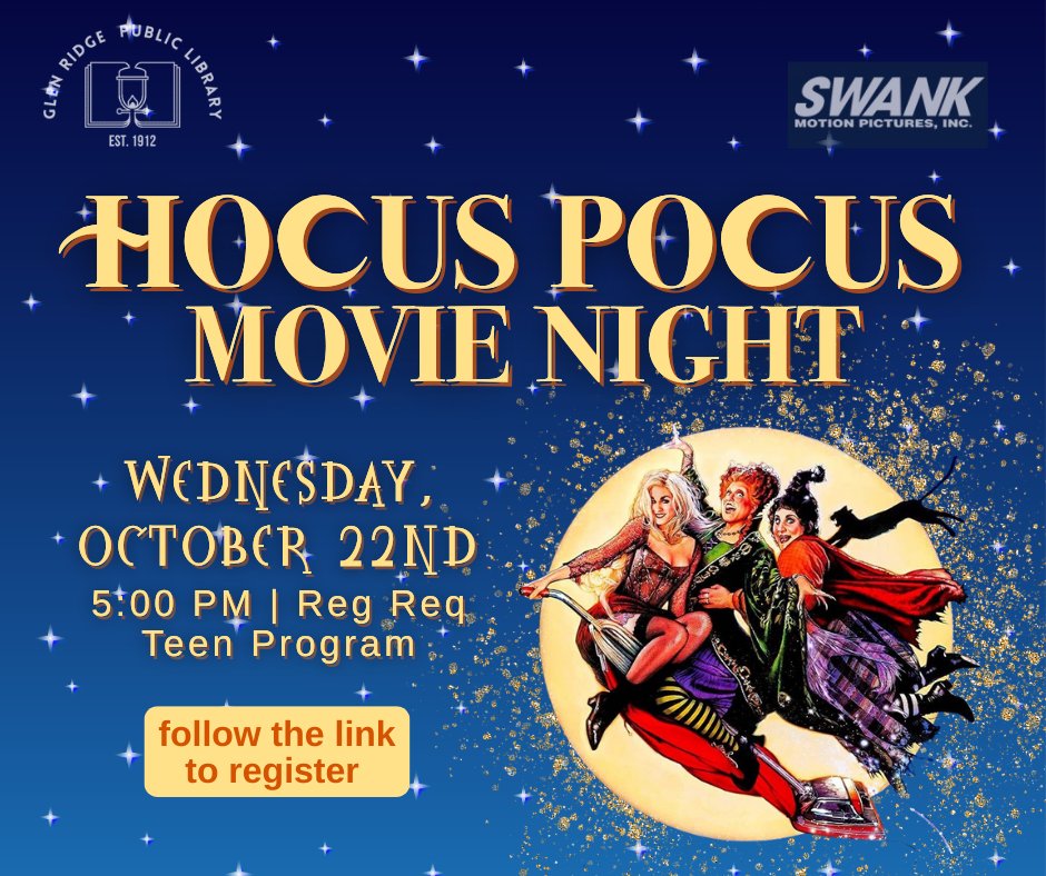 Grab your broomsticks  for a spellbinding movie night filled with laughter, magic, and a dash of mischief 🌙

Join us tonight, October 22nd at 5:00 PM for the Halloween classic, Hocus Pocus -

Follow the link to sign up: bccls.libcal.com/event/15043934
Teen Program | grades 6+ | Reg Req