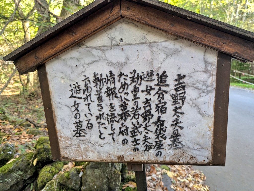 【吉野太夫の墓┃軽井沢】
追分宿にほど近い閑静な別荘地にひっそりとその姿を残す苔むした墓石。

案内板によると、かつて勤皇の若い武士に幕府の情報を流して斬首されたと云われている追分宿・布袋屋の遊女「吉野太夫」の墓とのこと。

（2025.10.18）