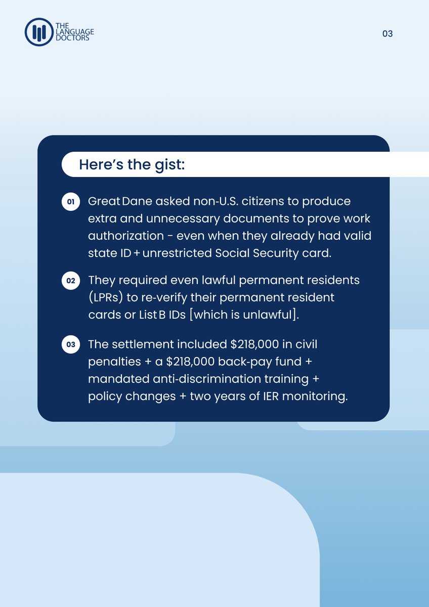 TheLanguageDocs's tweet image. Translation and language‑access issues aren’t separate from I‑9 compliance - they are central to it. If your workforce includes LEP individuals (or could), a weak language‑access policy isn’t just a support issue - it’s a potential discrimination and enforcement risk.