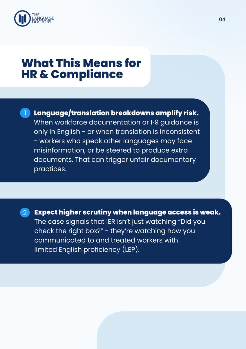 TheLanguageDocs's tweet image. Translation and language‑access issues aren’t separate from I‑9 compliance - they are central to it. If your workforce includes LEP individuals (or could), a weak language‑access policy isn’t just a support issue - it’s a potential discrimination and enforcement risk.