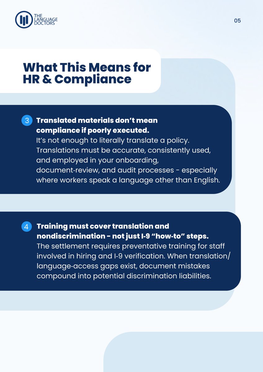 TheLanguageDocs's tweet image. Translation and language‑access issues aren’t separate from I‑9 compliance - they are central to it. If your workforce includes LEP individuals (or could), a weak language‑access policy isn’t just a support issue - it’s a potential discrimination and enforcement risk.