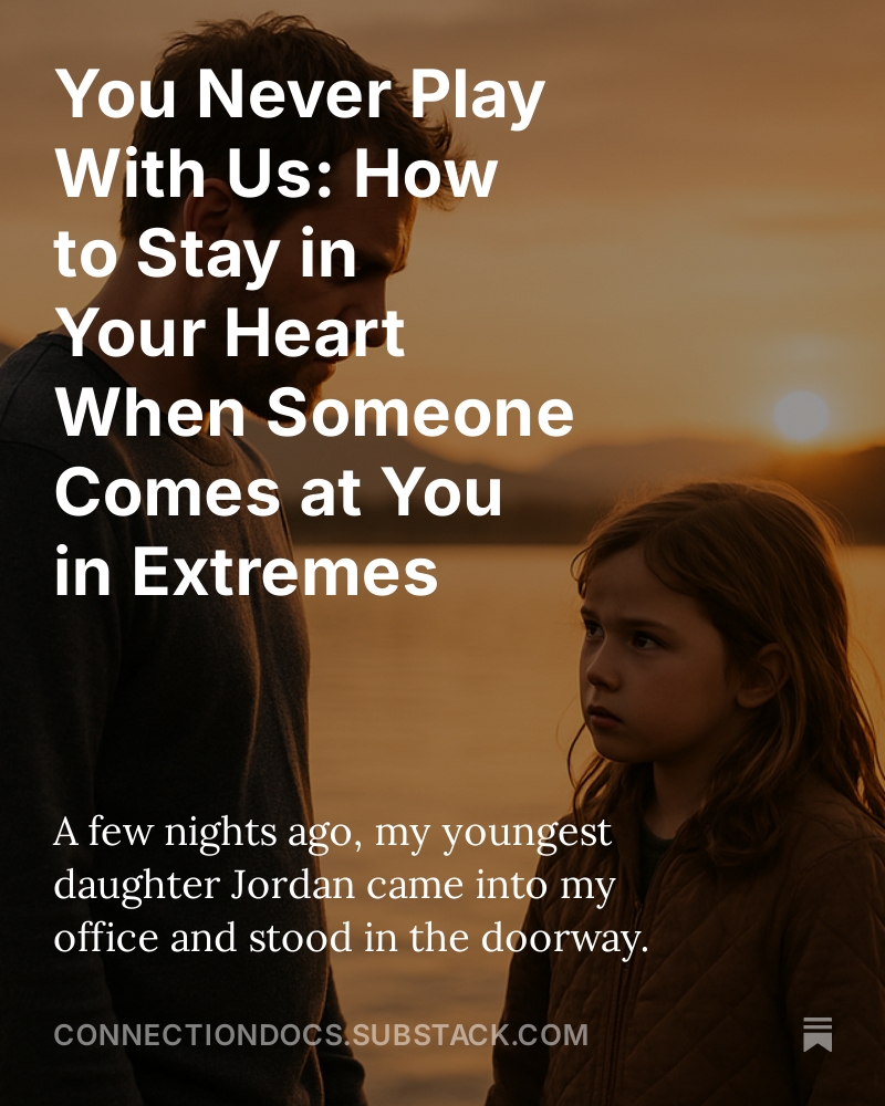 connectiondocs's tweet image. When someone says “You never listen” or “You always do this,” they’re not making a factual claim—they’re sending up a flare from a younger part that’s hurting.
This story with my daughter reminded me what happens when I meet those moments from the heart:
connectiondocs.substack.com/p/you-never-pl…