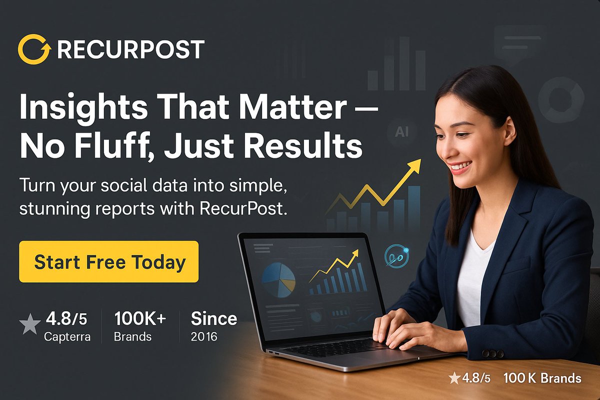 tapnet's tweet image. Stop guessing.

Start growing.

RecurPost gives you AI-powered analytics &amp;amp; automated reports that make decisions easy.
Start free today: rpst.in/eSaAp

#SocialMediaAnalytics #MarketingAutomation #DataDrivenMarketing