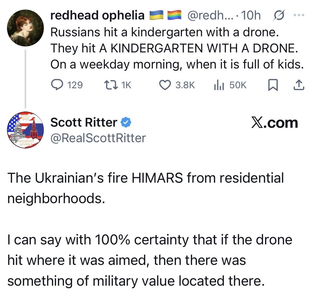 Not sure Scott Ritter could say "with 100% certainty" that Ukraine was firing HIMARS from a kindergarten, considering he hasn't been allowed to be within 1000 feet of a school for over a decade.