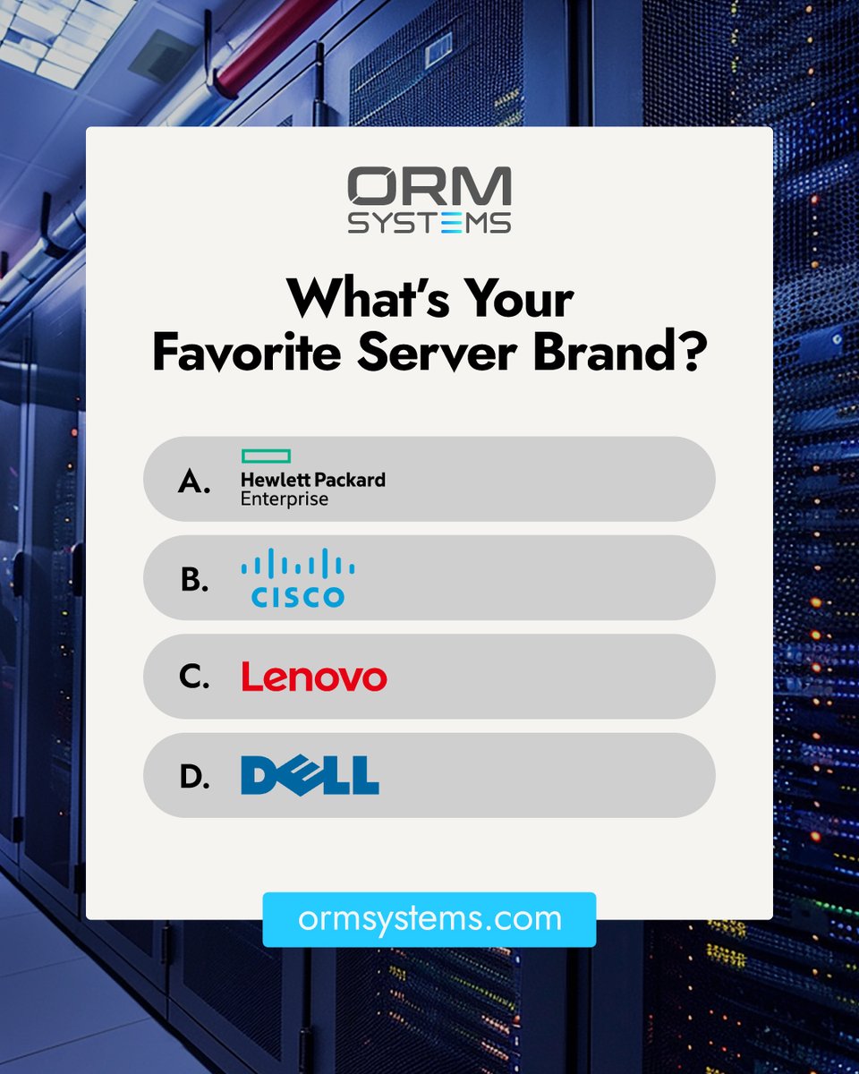 _ORMSystems's tweet image. When it comes to performance, reliability, and scalability, which server brand earns your trust? 
Cast your vote in the comments below 👇 and tell us why!
#ServerSolutions #DataCenter #ITInfrastructure #HPEnterprise #CiscoServers #LenovoServers #DellServers #TechPoll #BusinessIT