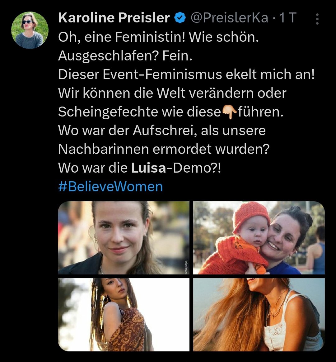 Haltet euch bloß alle von der fern! Die ist komplett durch und das hab - sogar ich - vom ersten Moment an, gesehen!
Ich halte von Luisa nichts seit gewisser Statements. Aber Preissler fragt "Wo war der Aufschrei"? und ist Abgeordnete der FDP. Wo steht sie wohl politisch????