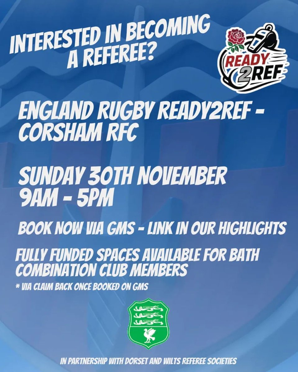 BathCombination's tweet image. Interested in taking up refereeing?

RFU Ready2Ref course 
@CorshamRFC | Sunday 30th November | 9am - 5pm
In partnership with @dandw_refs

Fully funded place available for delegates from Bath Combination member clubs. 

Find the booking link here - tinyurl.com/READY2REF