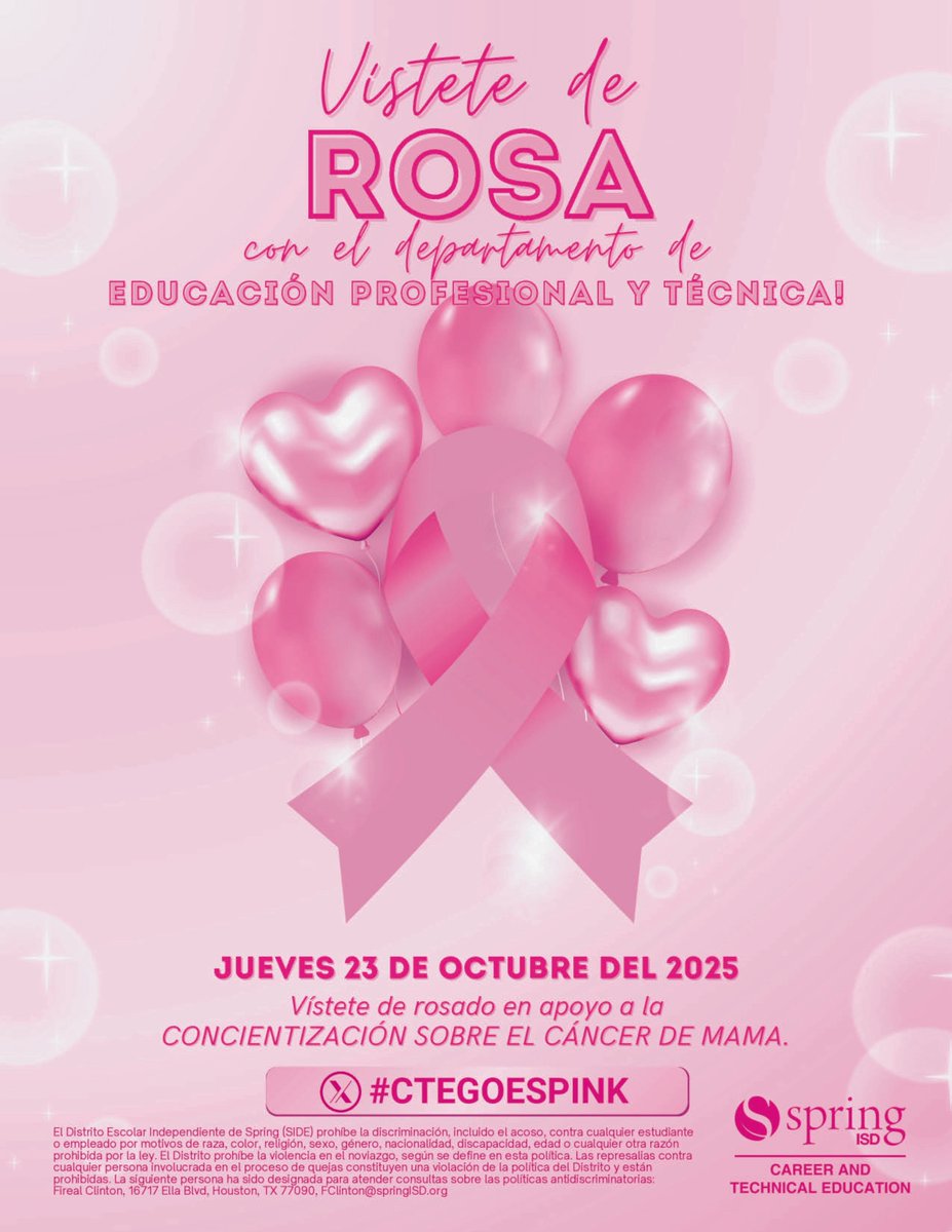 SpringISD_CTE's tweet image. 💗 Tomorrow is Pink It Out Day with CTE!
Wear PINK to support Breast Cancer Awareness and show your CTE pride 🎀
Snap a pic and tag your post with #CTEGoesPink so we can share campus or office spirit!
#SpringISD