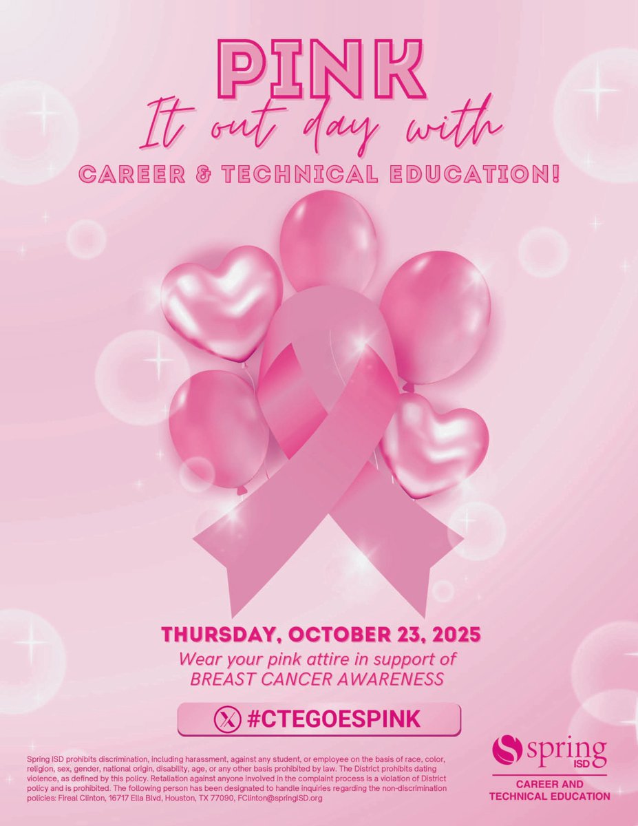 SpringISD_CTE's tweet image. 💗 Tomorrow is Pink It Out Day with CTE!
Wear PINK to support Breast Cancer Awareness and show your CTE pride 🎀
Snap a pic and tag your post with #CTEGoesPink so we can share campus or office spirit!
#SpringISD