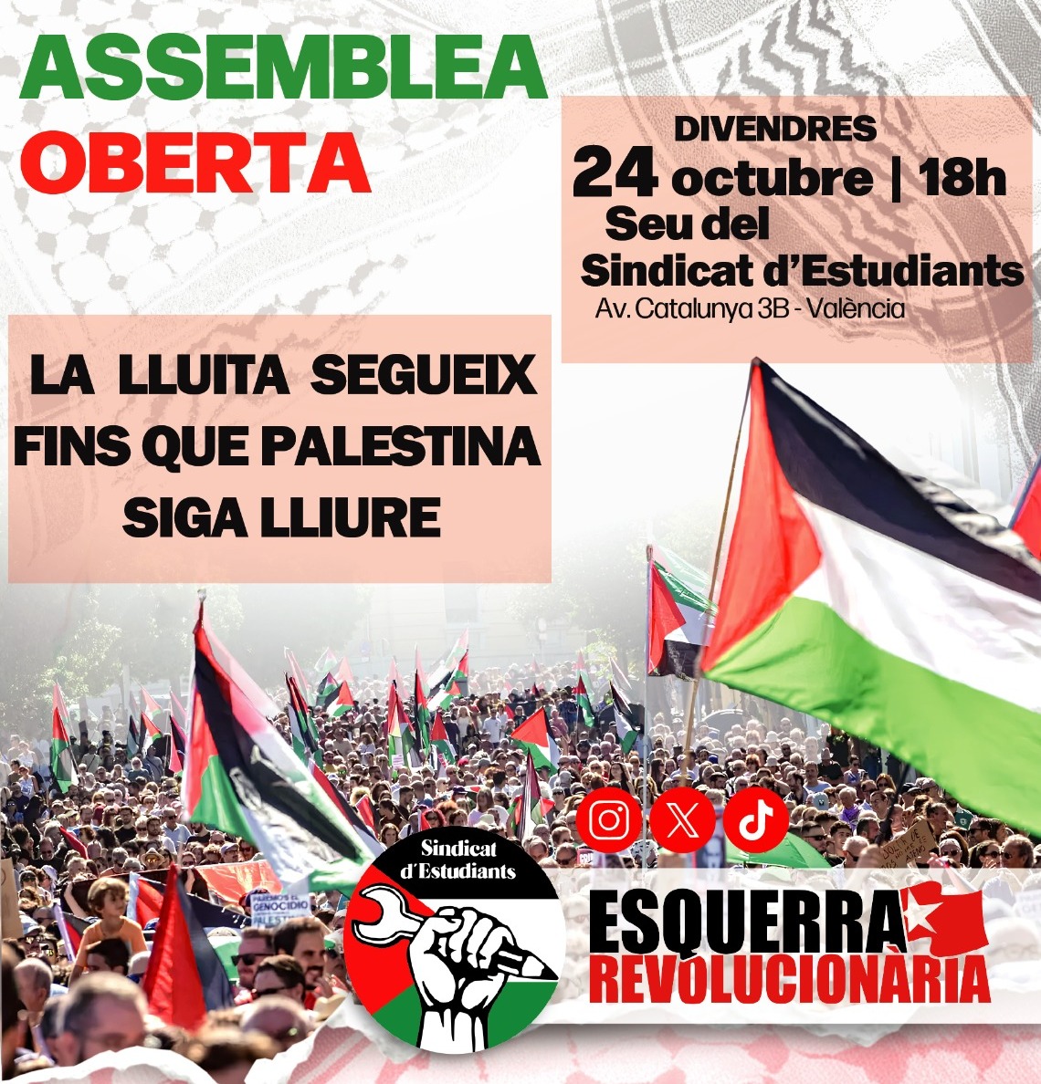 🟥 ASSEMBLEA OBERTA [VALÈNCIA] - divendres 24 d'octubre a les 18h
Ens organitzem contra els seus discursos d'odi, el genocidi i el feixisme!