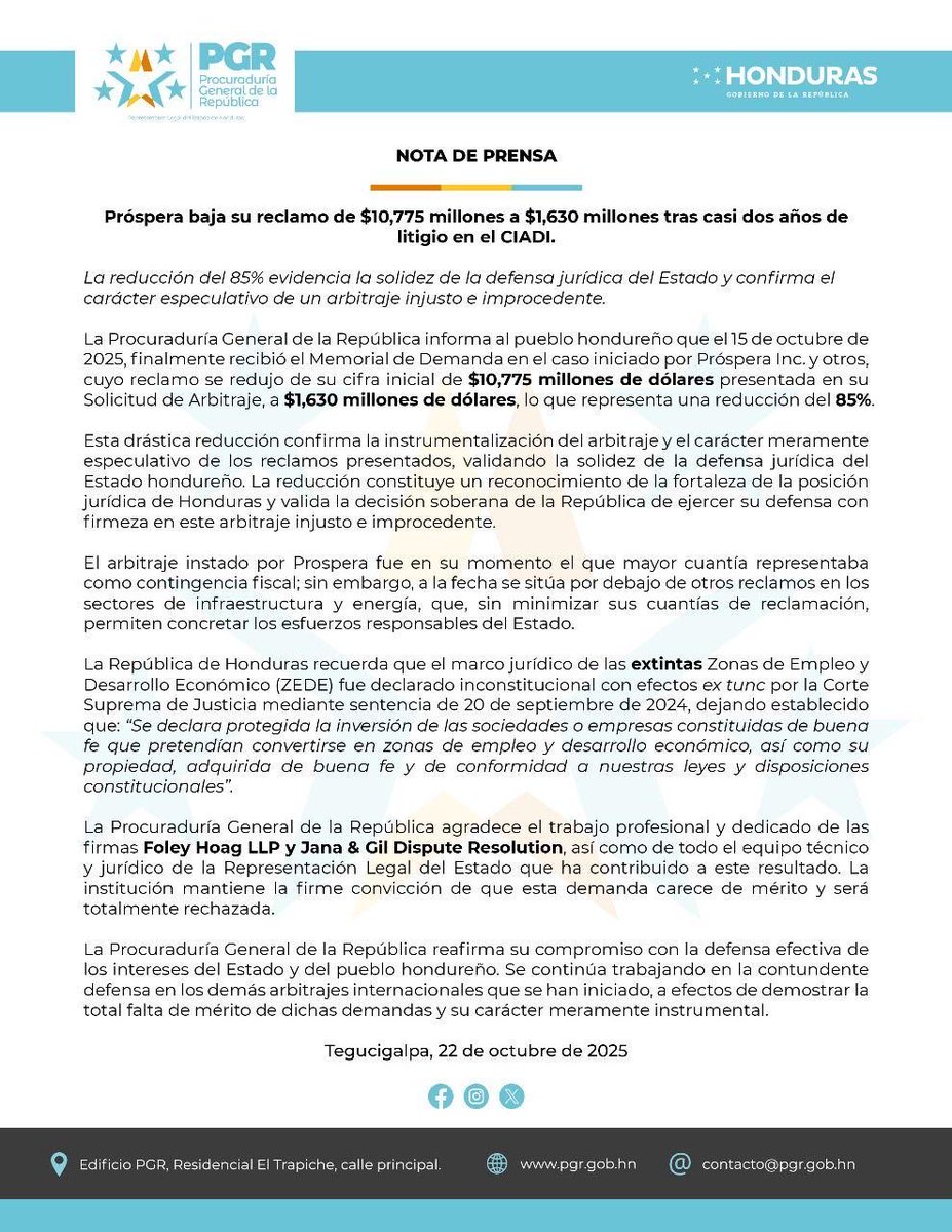 ProgIntl's tweet image. VICTORY 🇭🇳 Próspera Inc. — Peter Thiel’s “crypto-colony” occupying sovereign territory on the Caribbean coast of Honduras — has slashed its $10.8 billion lawsuit against the Government of @XiomaraCastroZ by 85 percent, following years of struggle against the US corporation.