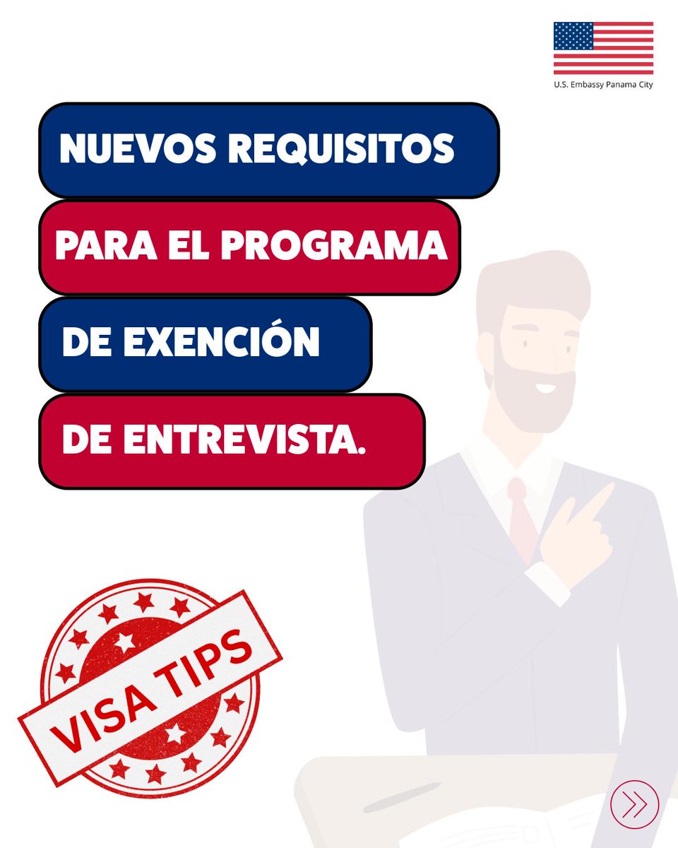 USEmbPAN's tweet image. #VisaTips 

📢 Nuevos requisitos para el Programa de Exención de Entrevista 

 🟢 Los casos que SÍ califican para aplicar a la exención de entrevista deben cumplir con TRES requisitos: 
✅ Sólo renovaciones de visa B1/B2 de 10 años. 
✅ La visa está vigente o venció hace menos de…