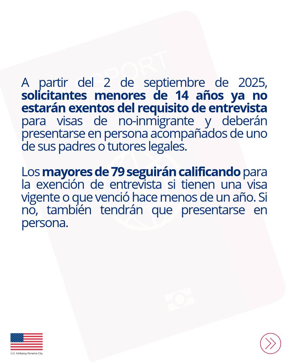 USEmbPAN's tweet image. #VisaTips 

📢 Nuevos requisitos para el Programa de Exención de Entrevista 

 🟢 Los casos que SÍ califican para aplicar a la exención de entrevista deben cumplir con TRES requisitos: 
✅ Sólo renovaciones de visa B1/B2 de 10 años. 
✅ La visa está vigente o venció hace menos de…