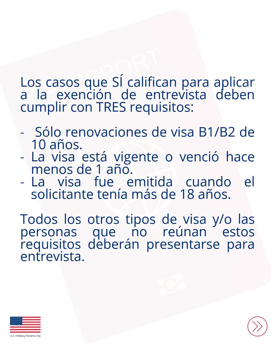 USEmbPAN's tweet image. #VisaTips 

📢 Nuevos requisitos para el Programa de Exención de Entrevista 

 🟢 Los casos que SÍ califican para aplicar a la exención de entrevista deben cumplir con TRES requisitos: 
✅ Sólo renovaciones de visa B1/B2 de 10 años. 
✅ La visa está vigente o venció hace menos de…