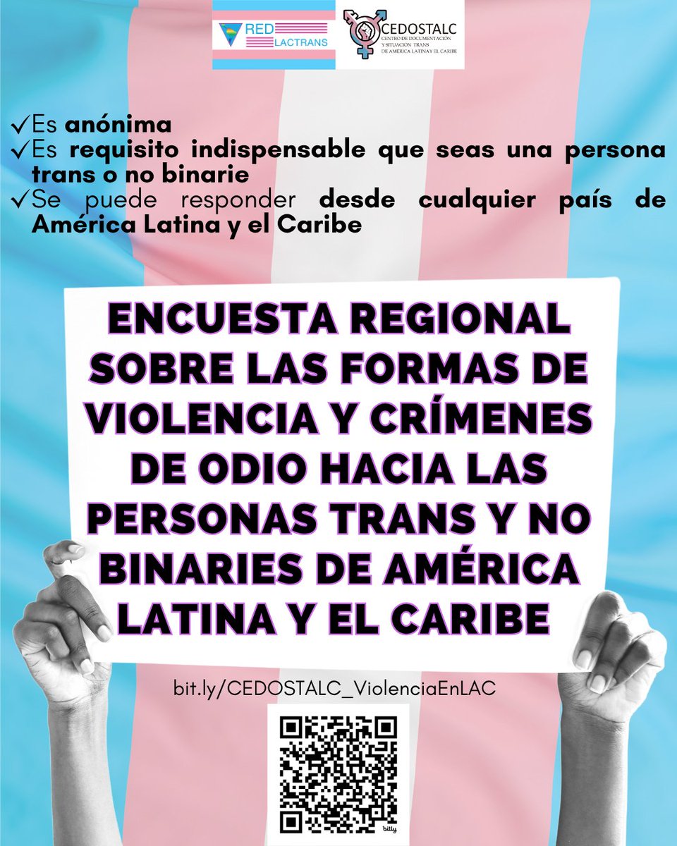 🤔🏳️‍⚧️¿Cuántas veces y de qué formas has sido violentade por ser una persona trans o no binarie?

Contesta la encuesta regional sobre formas de violencia y crímenes de odio hacia personas trans y no binaries de América Latina y Caribe

Entrá al link: bit.ly/CEDOSTALC_Viol…

✊🏽🏳️‍⚧️