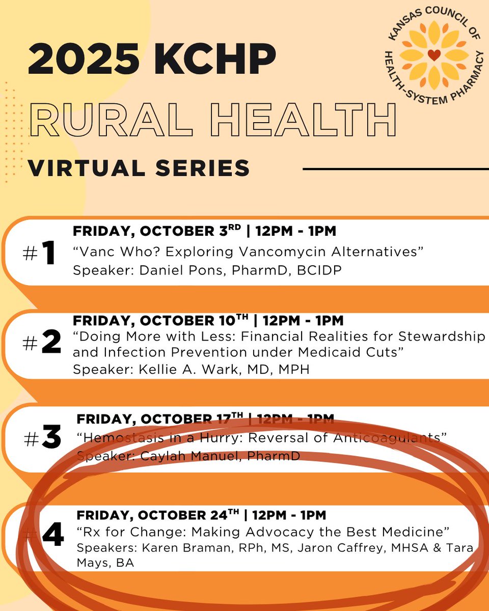 kchponline's tweet image. 💊 Register now for KCHP Rural Health Virtual Series – Session #4

📅 Friday, October 24, 2025
🕛 12:00–1:00 PM (CT)
💻 Virtual Event

Register now ➭➭ kchponline.org/event-6332469

#KCHP #KansasPharmacy #PharmacyAdvocacy #PharmacyLeadership