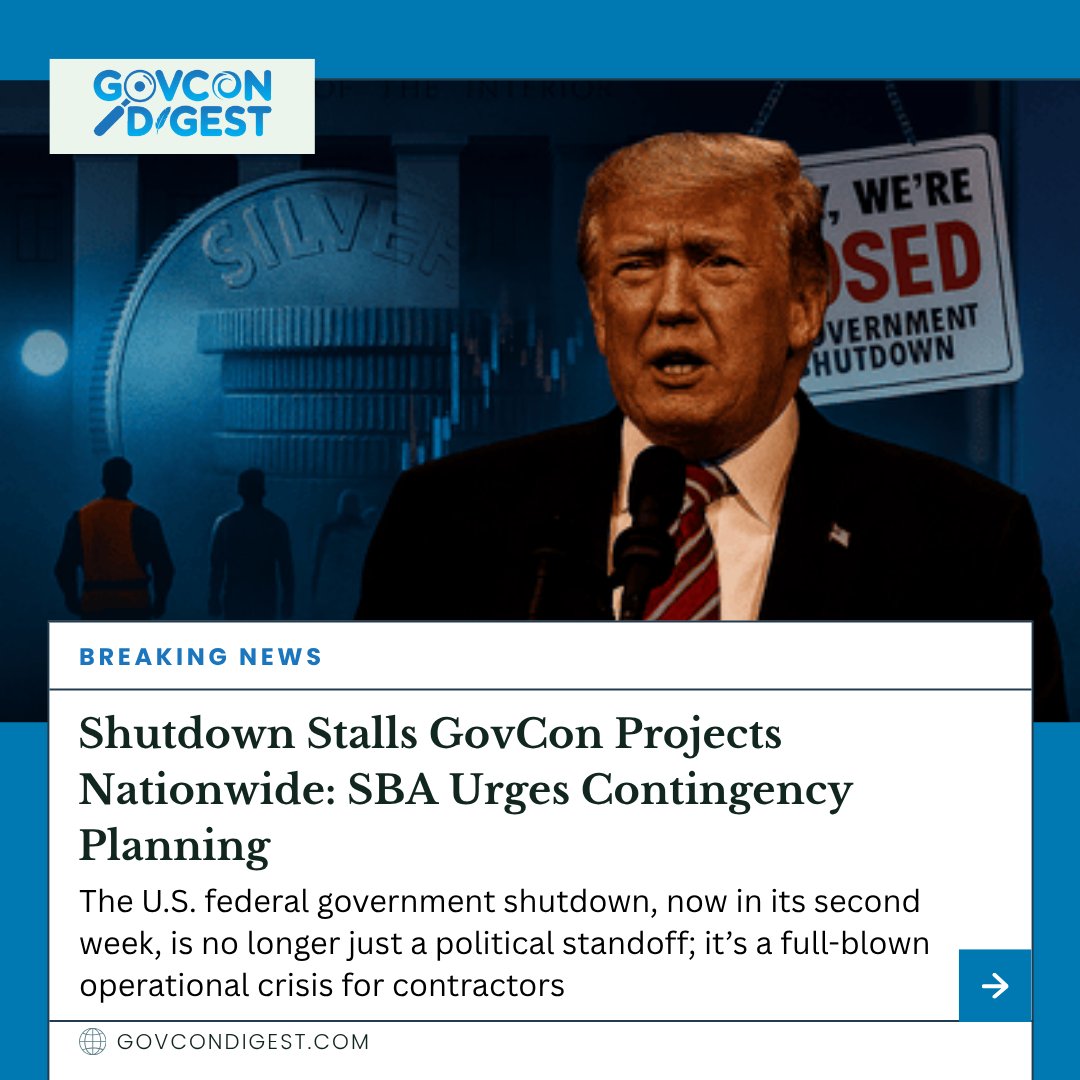 GovConDigest's tweet image. ⚠️ GovCon projects stall nationwide as the shutdown enters week 2.
SBA urges contractors to plan for delays, protect cash flow &amp;amp; stay in touch with COs.
👉 How is your team navigating the stall?
#GovCon #SBA #Shutdown #FederalContracting