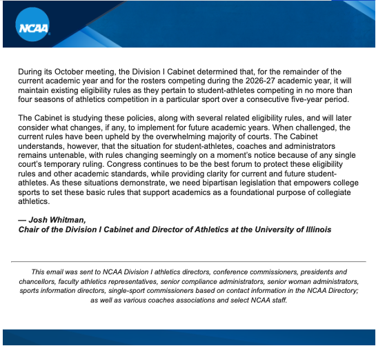 Rocco Miller (@roccomiller8) on Twitter photo The NCAA has announced that the consecutive five-year eligibility period, otherwise known as the "Five-for-Five rule," will not be implemented for the 2026-27 academic year.
The future potential policy will continue to be examined and discussed. The NCAA has announced that the consecutive five-year eligibility period, otherwise known as the "Five-for-Five rule," will not be implemented for the 2026-27 academic year.
The future potential policy will continue to be examined and discussed.
