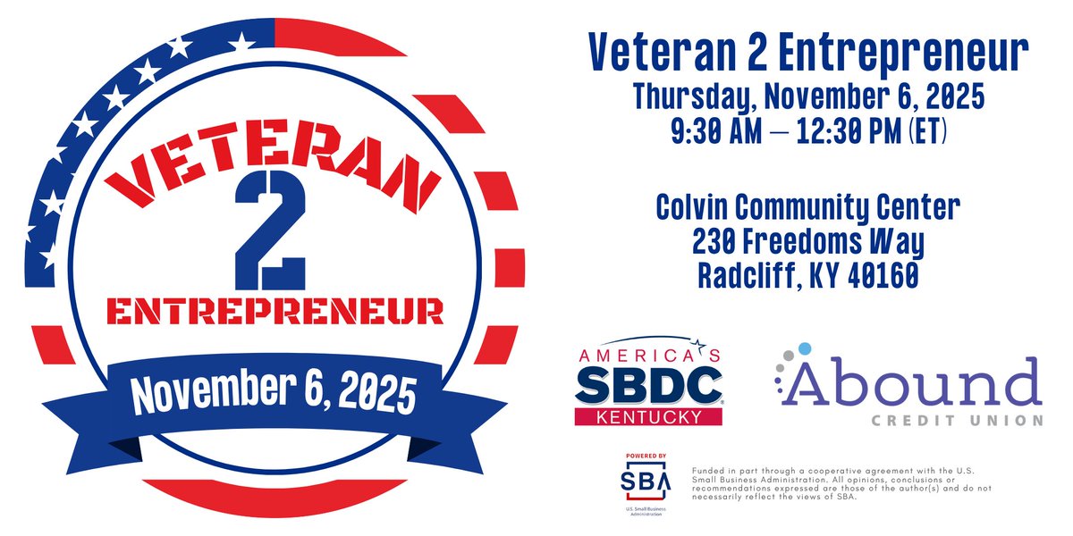 🇺🇸 Join us for our annual Veteran 2 Entrepreneur event at 9:30AM (ET) on Thursday, Nov. 6 at the Colvin Community Center in Radcliff, KY! Our agenda will include special guests, a keynote speaker, networking opportunities, and more!

Register here ➡️ V2E2025.eventbrite.com