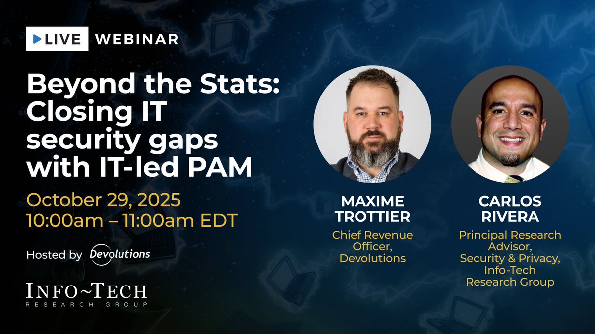 SW_Reviews's tweet image. #October is #Cybersecurity Awareness Month! 💻As part of the theme, there will be a #webinar on Beyond the stats: Closing #IT #security gaps with IT-led #PAM, featuring Maxime Trottier from @DevolutionsInc and Carlos Rivera from @infotechRG.
Register now! events.ringcentral.com/events/beyond-…