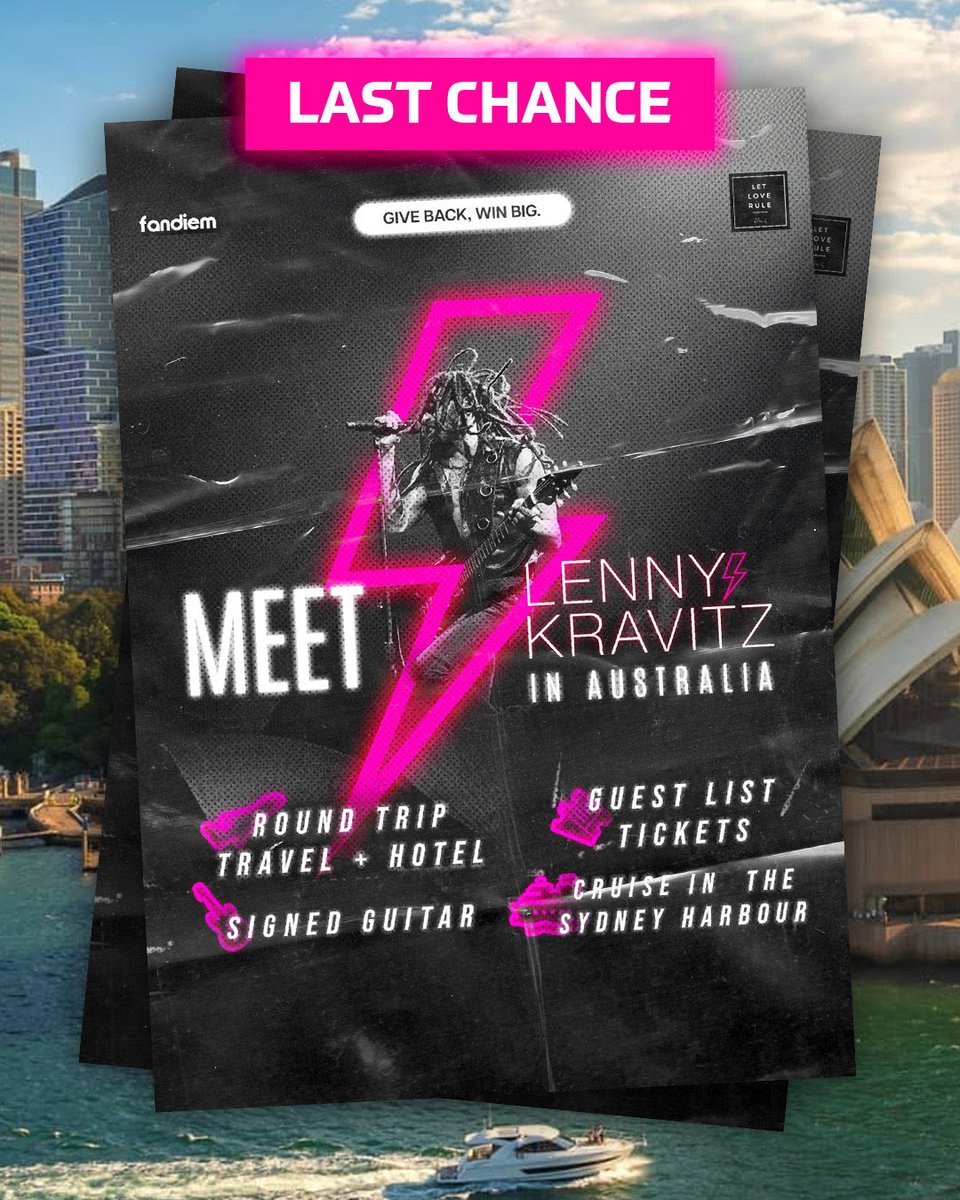 LAST CHANCE to win a trip to Australia and hang backstage with me at my show in Sydney.

Help support my Let Love Rule Foundation and you could win round trip travel to Sydney, a 5-night hotel stay, two VIP tickets for my show at Qudos Bank Arena, a signed guitar and setlist, the